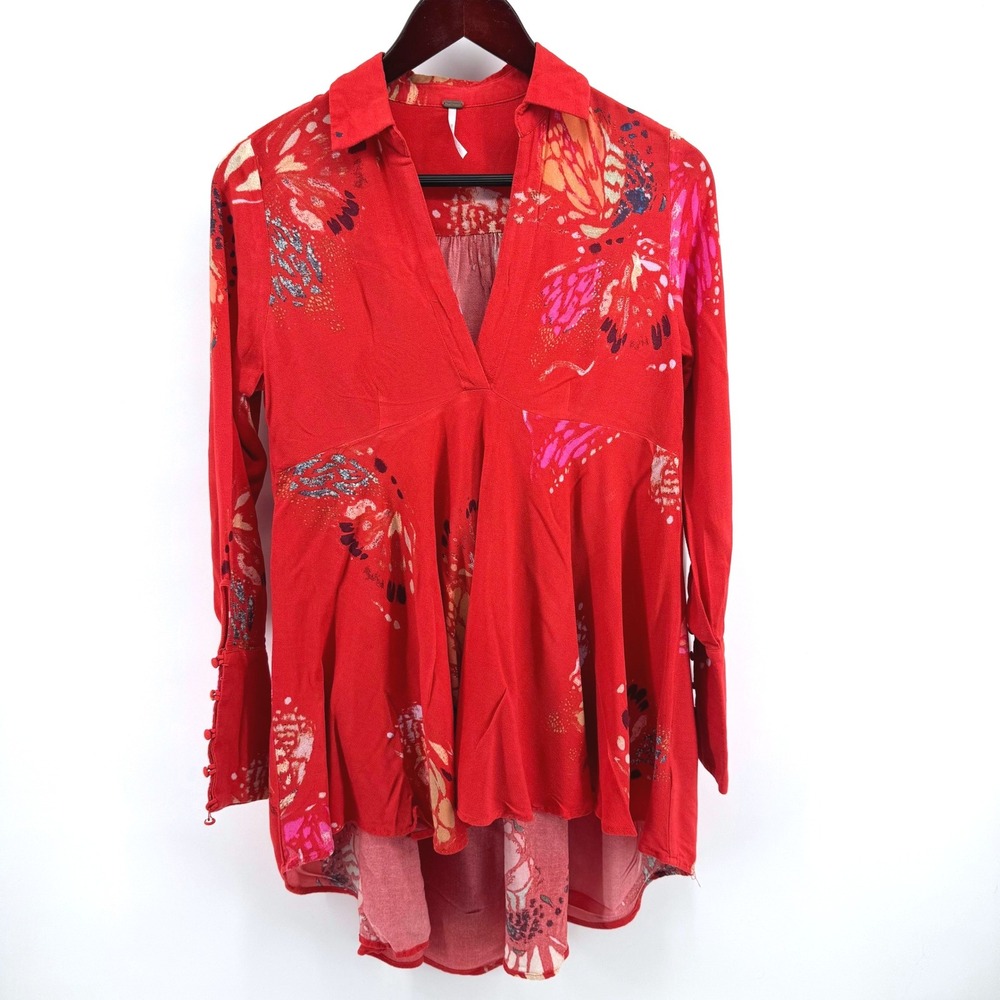 Free People Tunic Womens XS Red Orange High Low Ethereal Blouse Flowy Whimsical